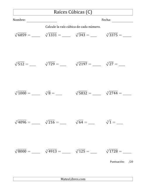 La hoja de ejercicios de Raíces cúbicas con números de 1 a 20 (C)