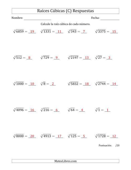 La hoja de ejercicios de Raíces cúbicas con números de 1 a 20 (C) Página 2