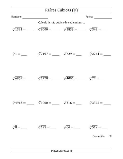 La hoja de ejercicios de Raíces cúbicas con números de 1 a 20 (D)