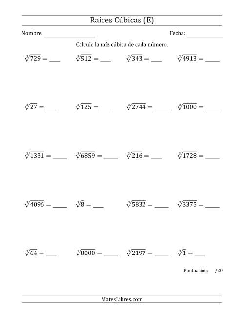 La hoja de ejercicios de Raíces cúbicas con números de 1 a 20 (E)