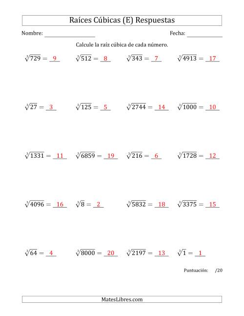 La hoja de ejercicios de Raíces cúbicas con números de 1 a 20 (E) Página 2