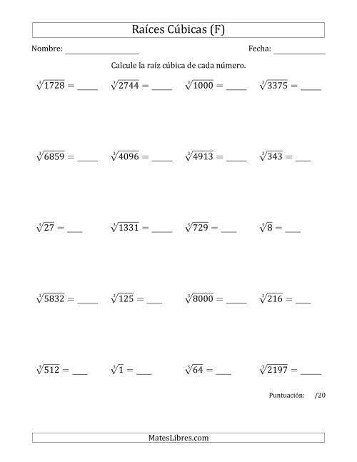 La hoja de ejercicios de Raíces cúbicas con números de 1 a 20 (F)