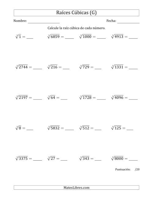 La hoja de ejercicios de Raíces cúbicas con números de 1 a 20 (G)