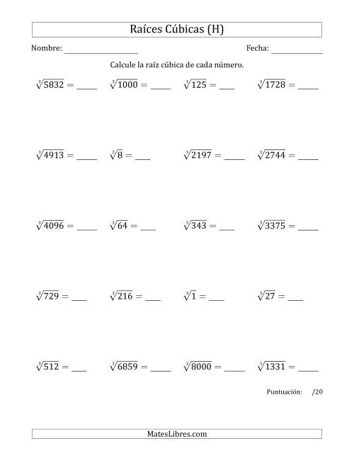 La hoja de ejercicios de Raíces cúbicas con números de 1 a 20 (H)