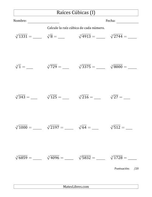 La hoja de ejercicios de Raíces cúbicas con números de 1 a 20 (I)