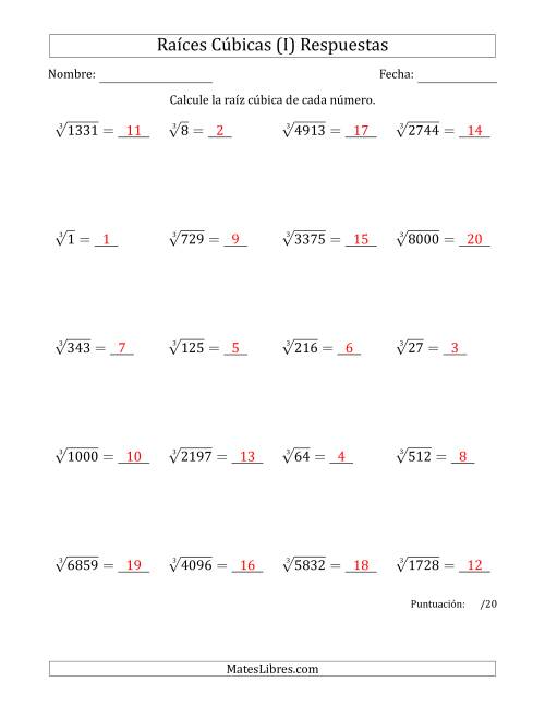 La hoja de ejercicios de Raíces cúbicas con números de 1 a 20 (I) Página 2