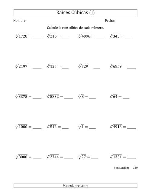 La hoja de ejercicios de Raíces cúbicas con números de 1 a 20 (J)