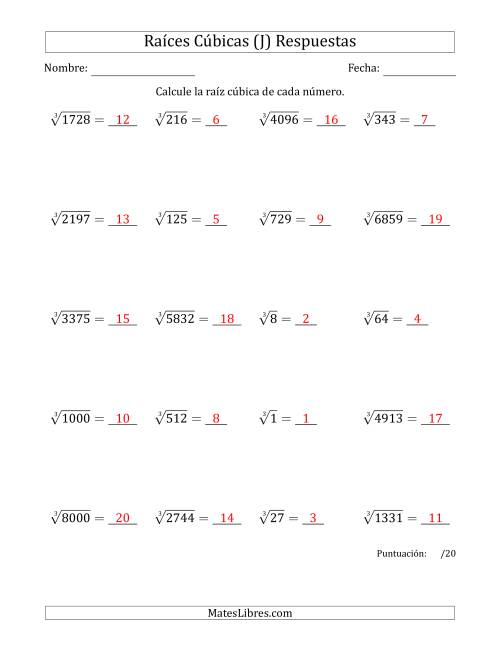 La hoja de ejercicios de Raíces cúbicas con números de 1 a 20 (J) Página 2