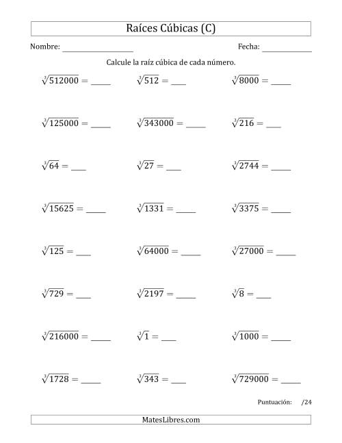 La hoja de ejercicios de Raíces cúbicas con números de 1 a 15, 20, 25, y otros múltiplos de 10 (C)