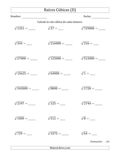 La hoja de ejercicios de Raíces cúbicas con números de 1 a 15, 20, 25, y otros múltiplos de 10 (D)