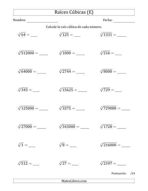 La hoja de ejercicios de Raíces cúbicas con números de 1 a 15, 20, 25, y otros múltiplos de 10 (E)