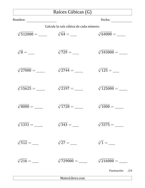 La hoja de ejercicios de Raíces cúbicas con números de 1 a 15, 20, 25, y otros múltiplos de 10 (G)