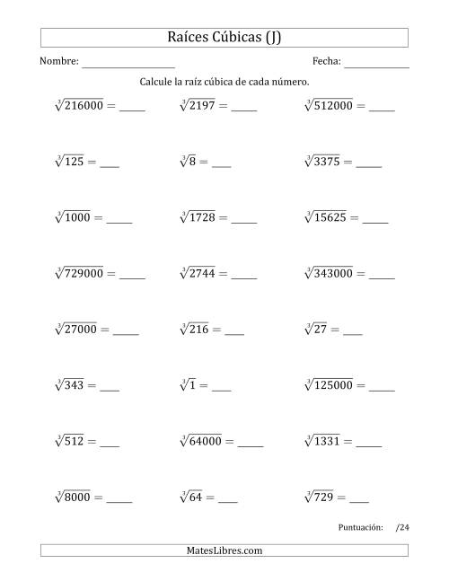 La hoja de ejercicios de Raíces cúbicas con números de 1 a 15, 20, 25, y otros múltiplos de 10 (J)