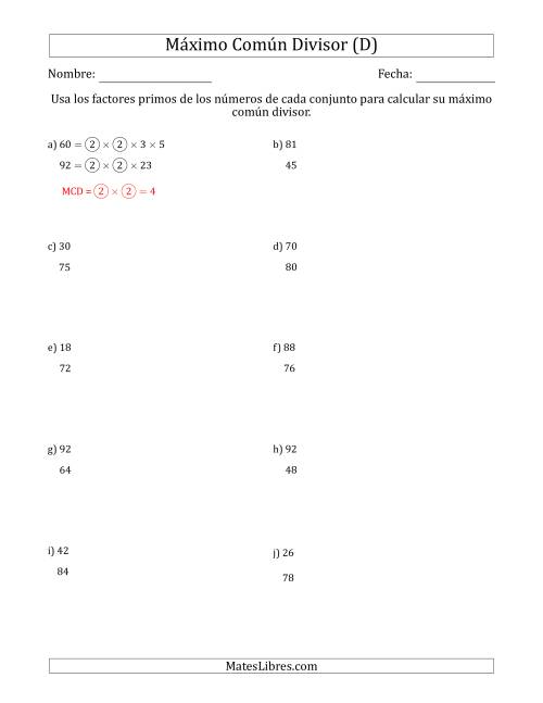 La hoja de ejercicios de Calcular el Máximo Común Divisor de Dos Números entre 4 y 100 (D)