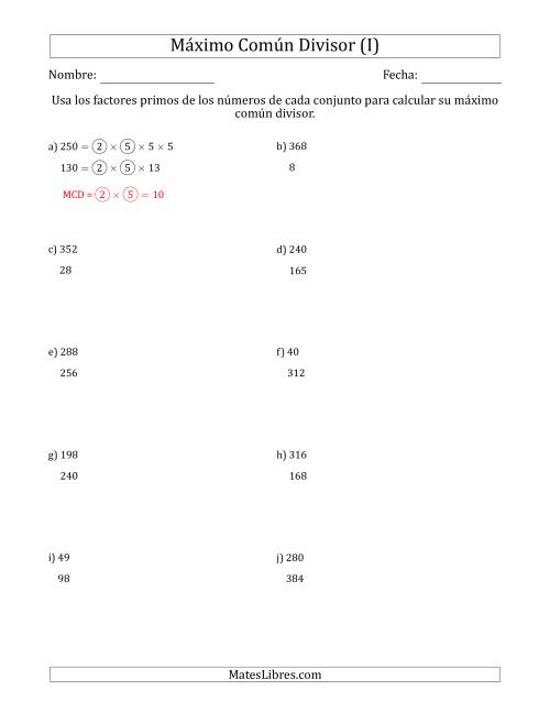 La hoja de ejercicios de Calcular el Máximo Común Divisor de Dos Números entre 4 y 400 (I)