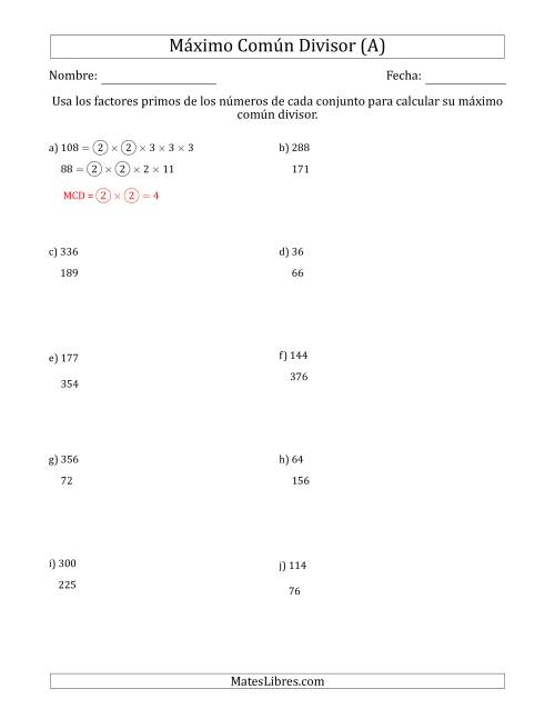 La hoja de ejercicios de Calcular el Máximo Común Divisor de Dos Números entre 4 y 400 (Todas)