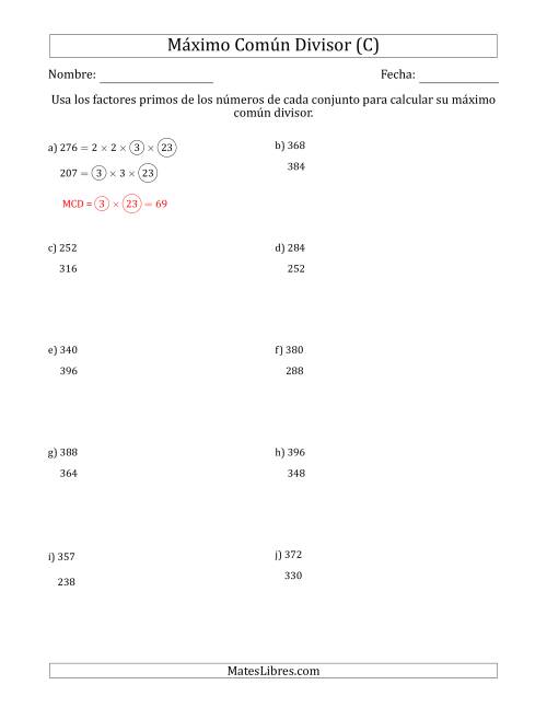 La hoja de ejercicios de Calcular el Máximo Común Divisor de Dos Números entre 200 y 400 (C)