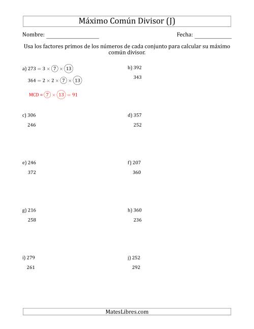 La hoja de ejercicios de Calcular el Máximo Común Divisor de Dos Números entre 200 y 400 (J)