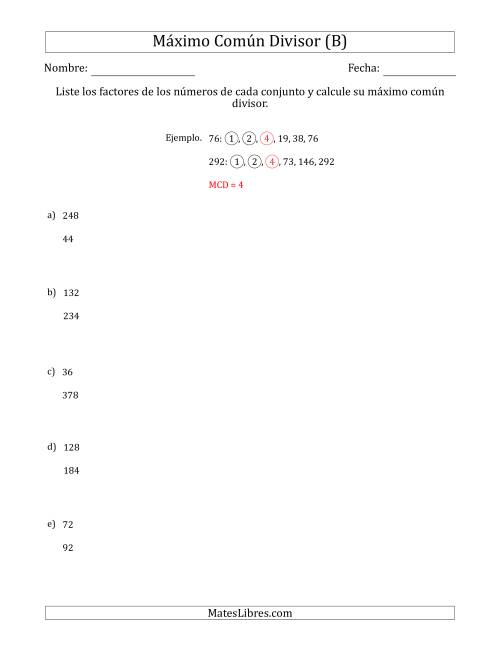 La hoja de ejercicios de Calcular el Máximo Común Divisor de Dos Números entre 4 y 400 (B)
