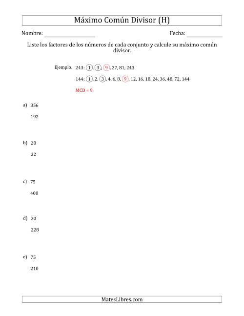 La hoja de ejercicios de Calcular el Máximo Común Divisor de Dos Números entre 4 y 400 (H)