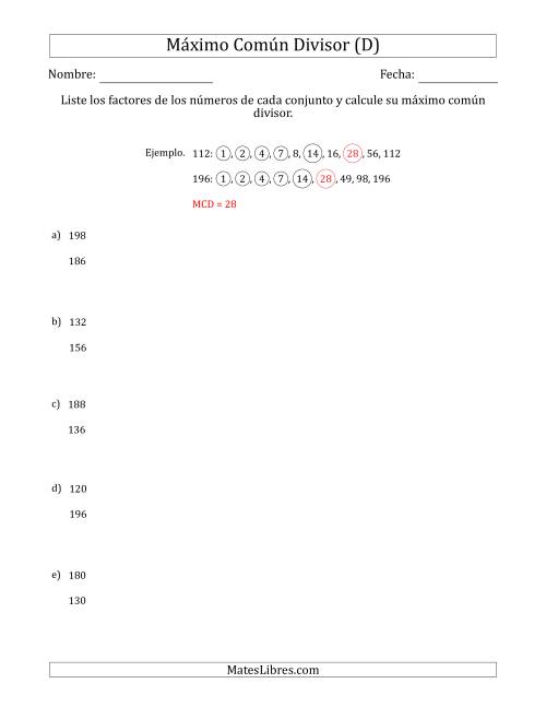 La hoja de ejercicios de Calcular el Máximo Común Divisor de Dos Números entre 100 y 200 (D)