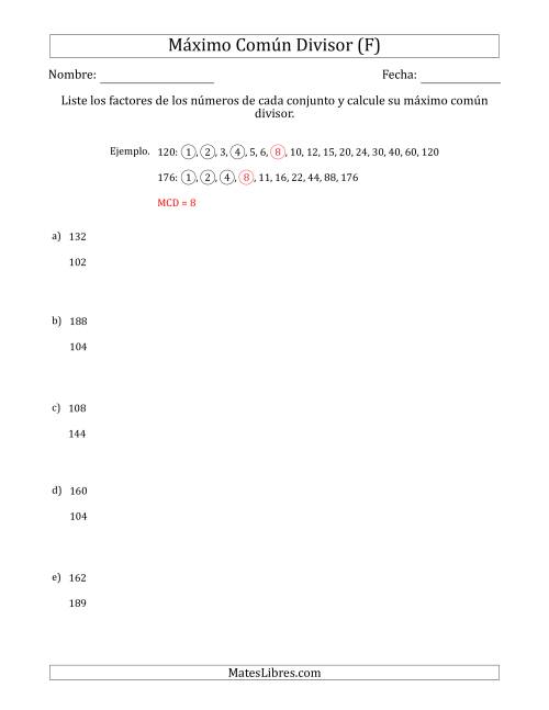 La hoja de ejercicios de Calcular el Máximo Común Divisor de Dos Números entre 100 y 200 (F)