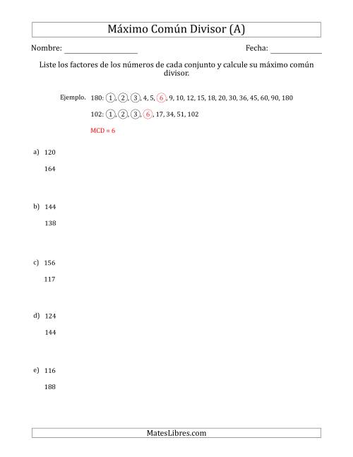 La hoja de ejercicios de Calcular el Máximo Común Divisor de Dos Números entre 100 y 200 (Todas)