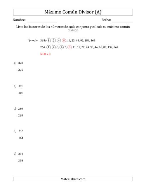 La hoja de ejercicios de Calcular el Máximo Común Divisor de Dos Números entre 200 y 400 (A)