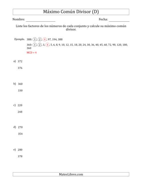 La hoja de ejercicios de Calcular el Máximo Común Divisor de Dos Números entre 200 y 400 (D)