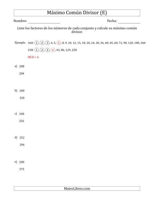 La hoja de ejercicios de Calcular el Máximo Común Divisor de Dos Números entre 200 y 400 (E)