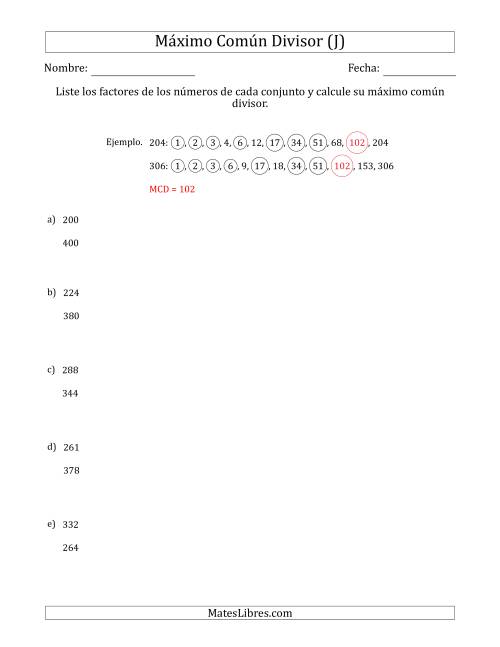 La hoja de ejercicios de Calcular el Máximo Común Divisor de Dos Números entre 200 y 400 (J)
