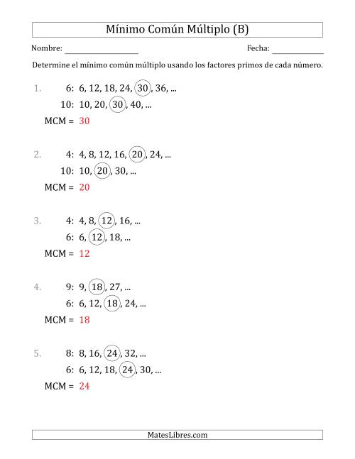 La hoja de ejercicios de Mínimo Común Múltiplo de Números hasta 10 (el MCM es distinto de los números y de su producto) (B) Página 2
