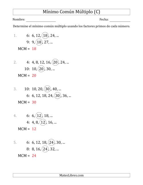 La hoja de ejercicios de Mínimo Común Múltiplo de Números hasta 10 (el MCM es distinto de los números y de su producto) (C) Página 2