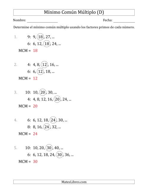 La hoja de ejercicios de Mínimo Común Múltiplo de Números hasta 10 (el MCM es distinto de los números y de su producto) (D) Página 2