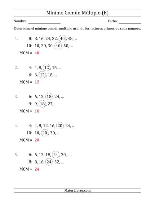 La hoja de ejercicios de Mínimo Común Múltiplo de Números hasta 10 (el MCM es distinto de los números y de su producto) (E) Página 2