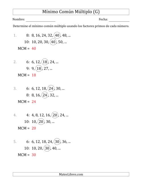 La hoja de ejercicios de Mínimo Común Múltiplo de Números hasta 10 (el MCM es distinto de los números y de su producto) (G) Página 2