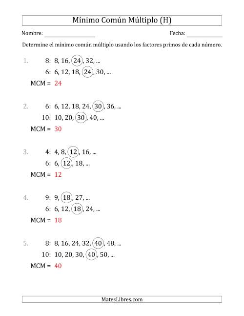La hoja de ejercicios de Mínimo Común Múltiplo de Números hasta 10 (el MCM es distinto de los números y de su producto) (H) Página 2