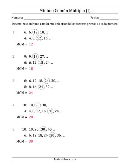 La hoja de ejercicios de Mínimo Común Múltiplo de Números hasta 10 (el MCM es distinto de los números y de su producto) (I) Página 2