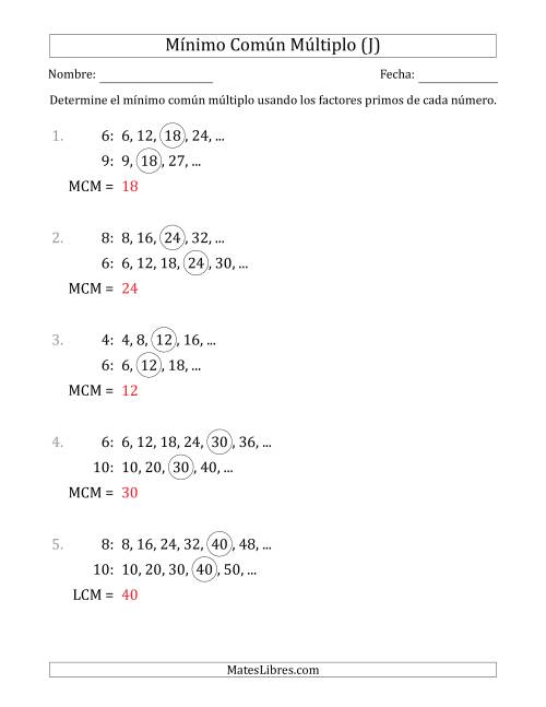 La hoja de ejercicios de Mínimo Común Múltiplo de Números hasta 10 (el MCM es distinto de los números y de su producto) (J) Página 2