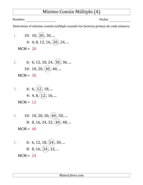 La hoja de ejercicios de Mínimo Común Múltiplo de Números hasta 10 (el MCM es distinto de los números y de su producto) (Todas) Página 2