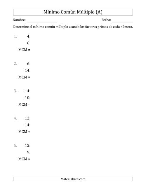 La hoja de ejercicios de Mínimo Común Múltiplo de Números hasta 15 (el MCM es distinto de los números y de su producto) (A)