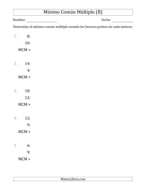 La hoja de ejercicios de Mínimo Común Múltiplo de Números hasta 15 (el MCM es distinto de los números y de su producto) (B)