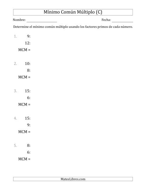 La hoja de ejercicios de Mínimo Común Múltiplo de Números hasta 15 (el MCM es distinto de los números y de su producto) (C)