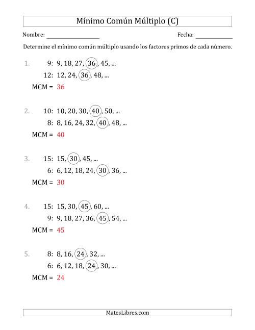 La hoja de ejercicios de Mínimo Común Múltiplo de Números hasta 15 (el MCM es distinto de los números y de su producto) (C) Página 2