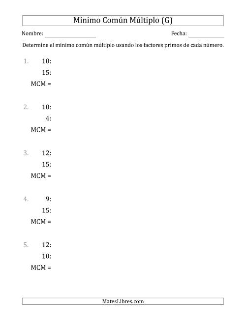 La hoja de ejercicios de Mínimo Común Múltiplo de Números hasta 15 (el MCM es distinto de los números y de su producto) (G)