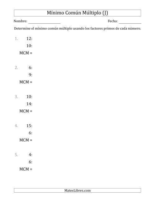 La hoja de ejercicios de Mínimo Común Múltiplo de Números hasta 15 (el MCM es distinto de los números y de su producto) (J)