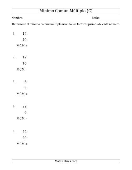 La hoja de ejercicios de Mínimo Común Múltiplo de Números hasta 25 (el MCM es distinto de los números y de su producto) (C)