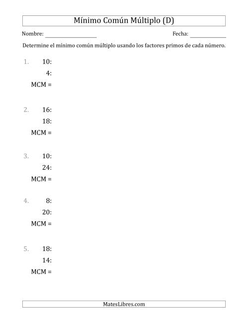 La hoja de ejercicios de Mínimo Común Múltiplo de Números hasta 25 (el MCM es distinto de los números y de su producto) (D)