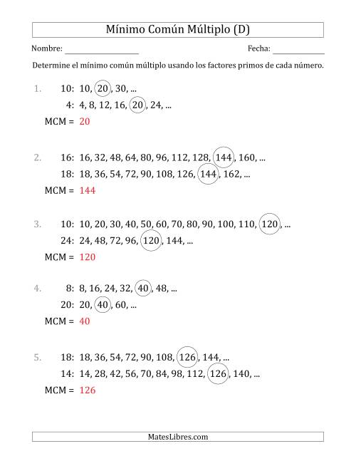 La hoja de ejercicios de Mínimo Común Múltiplo de Números hasta 25 (el MCM es distinto de los números y de su producto) (D) Página 2