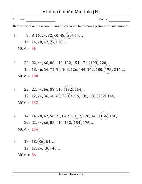 La hoja de ejercicios de Mínimo Común Múltiplo de Números hasta 25 (el MCM es distinto de los números y de su producto) (H) Página 2